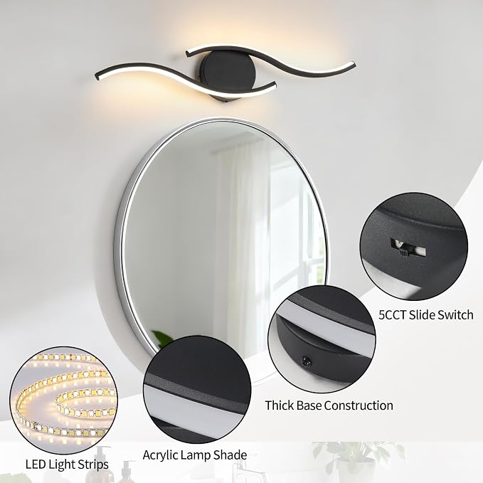 Black Bathroom Light Fixtures Over Mirror, 24 Inch Modern Bathroom Vanity Light Bar 96 LED Beads, 1300LM Brightness 5 Color, Vanity Lighting Fixture for Bathroom, Led Bathroom Sconces, UL & FCC Cert.