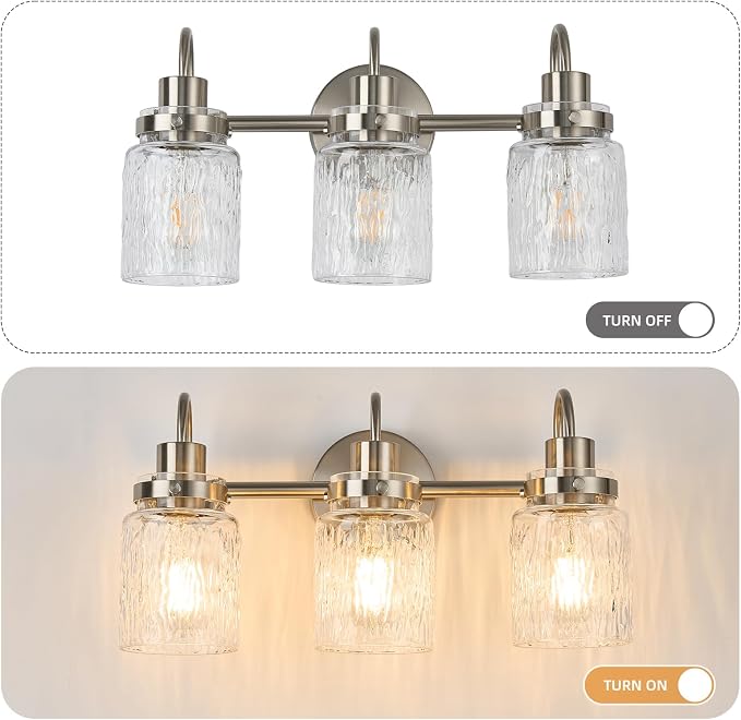 3 Lights Bathroom Vanity Light, Brushed Nickel Bathroom Light Fixtures with Hammered Glass Lampshade for Dressing Table,Over Mirror,Hallway