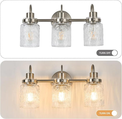 3 Lights Bathroom Vanity Light, Brushed Nickel Bathroom Light Fixtures with Hammered Glass Lampshade for Dressing Table,Over Mirror,Hallway