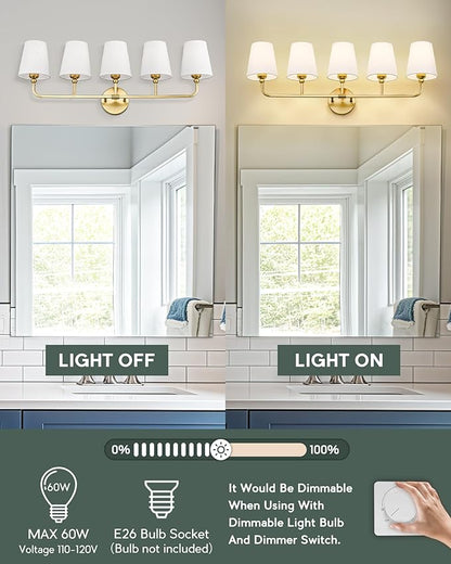 Bathroom Light Fixtures, 5 Light Brushed Gold Vanity Lights with Flared White Fabric Shade, 35 Inch Wall Sconce, Modern Sconces Wall Lighting for Hallway Bedroom, VL837-BG-5