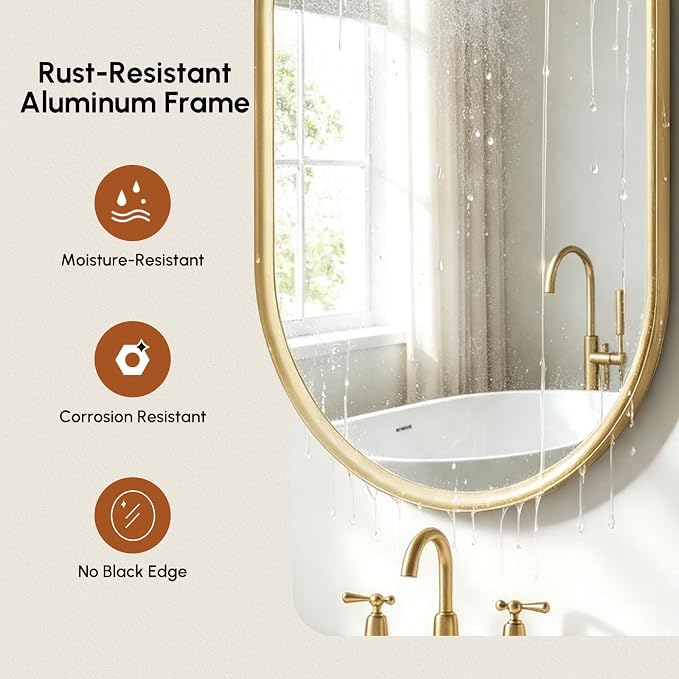 Brushed Gold Pill Oval Mirror for Bathroom 24x36 Inch | Small Vanity Mirror, Crystal-Clear HD Glass, Rust-Proof Aluminum Frame, Inner-Curved Decor for Bedroom, Entryway Renovation