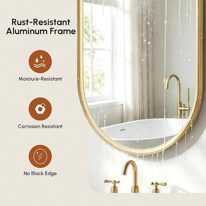 Brushed Gold Pill Oval Mirror for Bathroom 24x36 Inch | Small Vanity Mirror, Crystal-Clear HD Glass, Rust-Proof Aluminum Frame, Inner-Curved Decor for Bedroom, Entryway Renovation