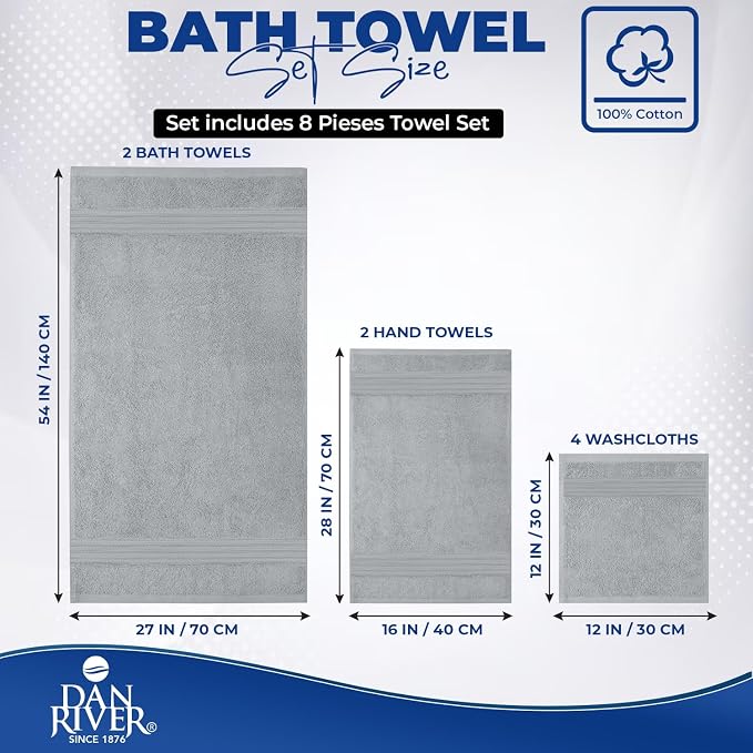 DAN RIVER 8 Piece Luxury Bath Towels for Bathroom, Towel Set, Silver | 2 Bath towels, 2 Hand towels, and 4 Wash Cloths, 600 GSM 100% Ring Spun Cotton, Highly Absorbent, Gym, Hotel, guest, and Spa