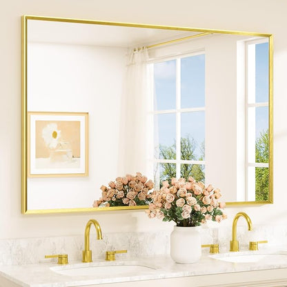 Brushed Gold Bathroom Mirror for Over Sink 55" x 36" Large Brass Gold Beveled Framed Rectangular Vanity Mirror for Bathroom, Bedroom, Entryway, Living Room, Tempered Glass, Stronger Frame