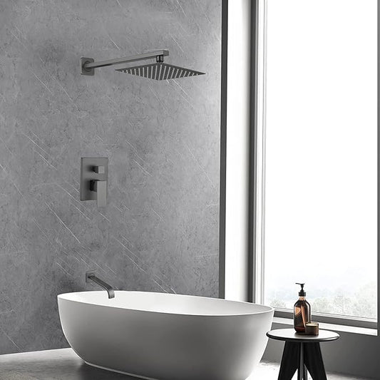 Grey Shower Faucet Set with Tub Spout Bathroom Luxury Rain Mixer Shower Head System Wall Mounted Shower Faucet Complete, Single Handle Tub and Shower Trim Kit with Rough-in Valve
