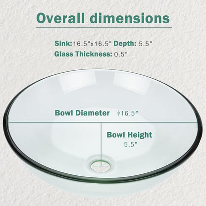Design Vessel Sink Bathroom Sink above counter Small Vessel Sink Bathroom Sink Bowl Countertop Modern Sinks with faucet and drain combo 16.5" Round Transparent New
