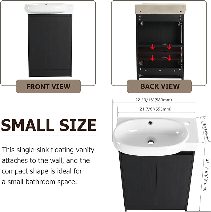 23" Freestanding Bathroom Vanity with Sink Set for Small Space, Soft Close Doors Round Ceramic Sink Bathroom Cabinet, Black Vanity and Sink Combo for Bathroom, Floor Mount Small Bathroom Vanities