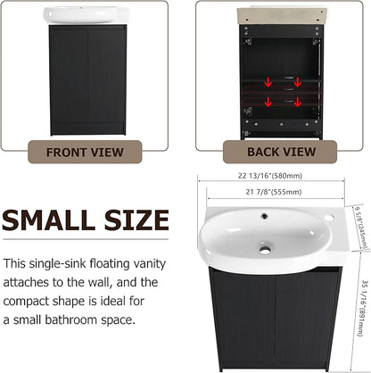 23" Freestanding Bathroom Vanity with Sink Set for Small Space, Soft Close Doors Round Ceramic Sink Bathroom Cabinet, Black Vanity and Sink Combo for Bathroom, Floor Mount Small Bathroom Vanities
