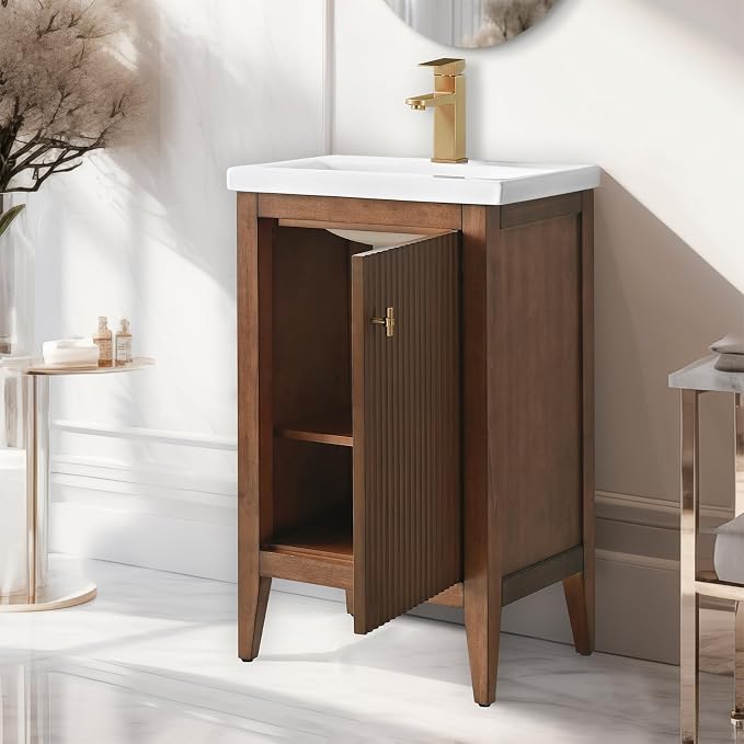 Vanity Art 20 inch Walnut Bathroom Vanity with Single Sink & Ceramic Top, Vanity Cabinet with Soft-Closing Door, Solid Wood Frame, Linear Pattern, Walnut, VA9120-Walnut-MB,Matte Black Handles
