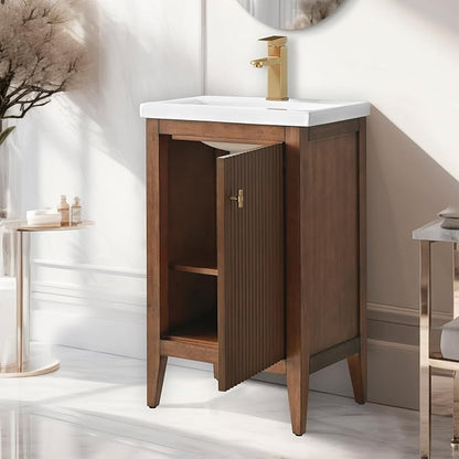 Vanity Art 20 inch Walnut Bathroom Vanity with Single Sink & Ceramic Top, Vanity Cabinet with Soft-Closing Door, Solid Wood Frame, Linear Pattern, Walnut, VA9120-Walnut-MB,Matte Black Handles