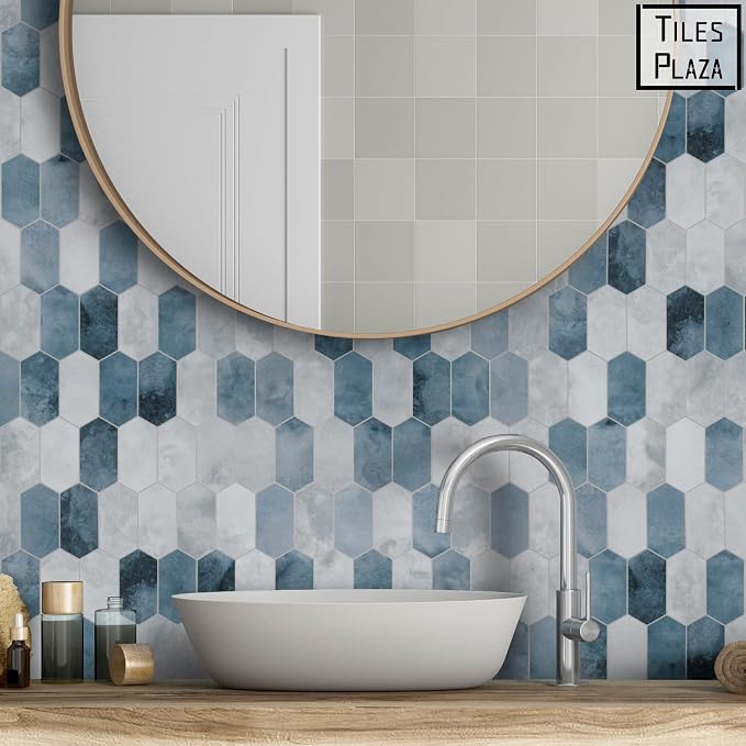 The Tiles Plaza 10-Sheet Peel and Stick Backsplash, 12" x 11.5" Blue Cement Long Hexagon Self-Adhesive Wall Tile, Stone Composite Stick On Decorative Mosaic Tile for Kitchen Bathroom Fireplace