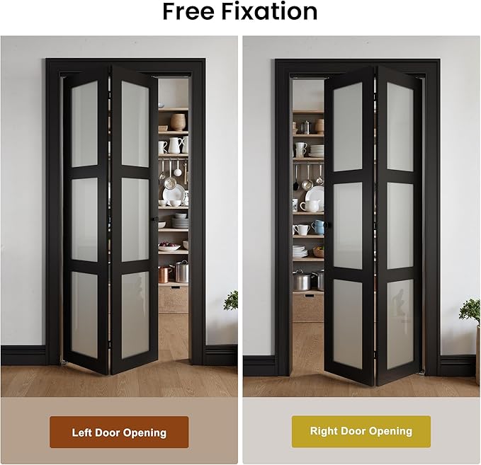 Bifold Doors for 72" x 80" Opening,Tempered Frosted Glass,Black | Closet Folding Doors with Hardware kit Included, Easy Assembly for Pantry Closet,Water-Proof PVC Surface
