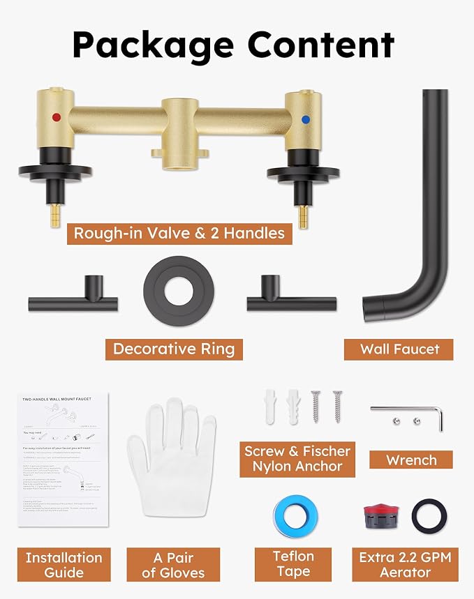WOWOW Matte Black Bathroom Faucet, 2 Handle Wall Mount Bathroom Faucet and Rough-in Brass Valve Included, Vessel Sink Faucet Wall Mounted 3 Holes Elegant Classic Spout