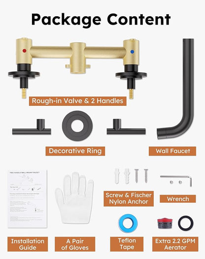 WOWOW Matte Black Bathroom Faucet, 2 Handle Wall Mount Bathroom Faucet and Rough-in Brass Valve Included, Vessel Sink Faucet Wall Mounted 3 Holes Elegant Classic Spout