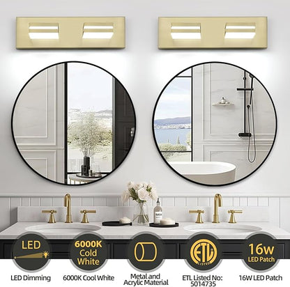 OKELI 2 Lights Bathroom Vanity Light Fixtures Gold LED Dimmable Vanity Light Over Mirror Modern Wall Mounted Lighting Fixture, 350° Rotatable Lamp Head 24W Cold White 6000K ETL Listed