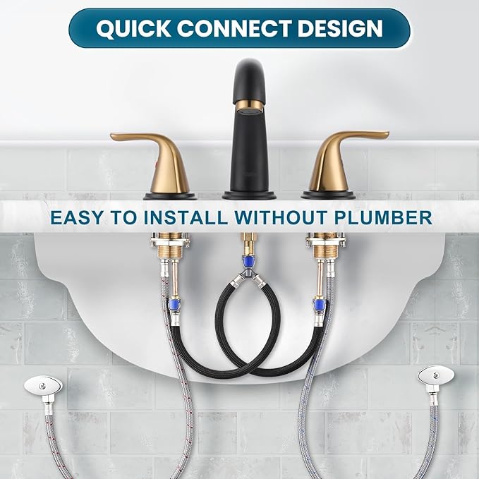 Aleasha Bathroom Sink Faucet 3 Holes Black Gold, Widespread Bathroom Faucet, Washroom Faucets with Pop Up Drain, Washroom Sink Faucets with 304 Stainless Steel Lead-Free Hose
