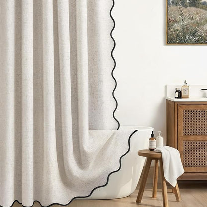 Scalloped Shower Curtain Linen Boho Ivory White 72" W x 72" L | Linen Fabric, Black Border, Washable, Heavy Duty Cloth, Shower Curtain for Boho Farmhouse Bathroom Bathtub