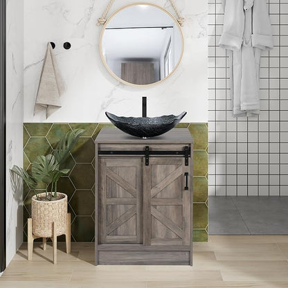 24" Farmhouse Bathroom Vanity with Sink, Bathroom Storage Cabinet with Sliding Barn Doors & Metal Handle, Freestanding Vanity with Tempered Silver Leaf Glass Vessel Sink Combo Set
