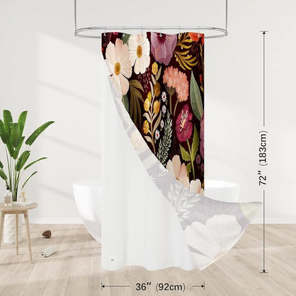 3 in 1 Boho Purple Shower Curtain Set with PEVA Liner & 12 Hooks, 36 x 72 | Boho Tropical Botanical Style, Farmhouse Floral Fabric, Modern Hotel Inspired, Water‑Repellent, Machine Washable
