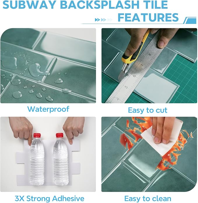 STICKGOO 10-Sheet Subway Peel and Stick Backsplash Tiles Muted Teal | Waterproof 3D PVC wall tiles with strong adhesive, extra thick for kitchen backsplash and bathroom walls