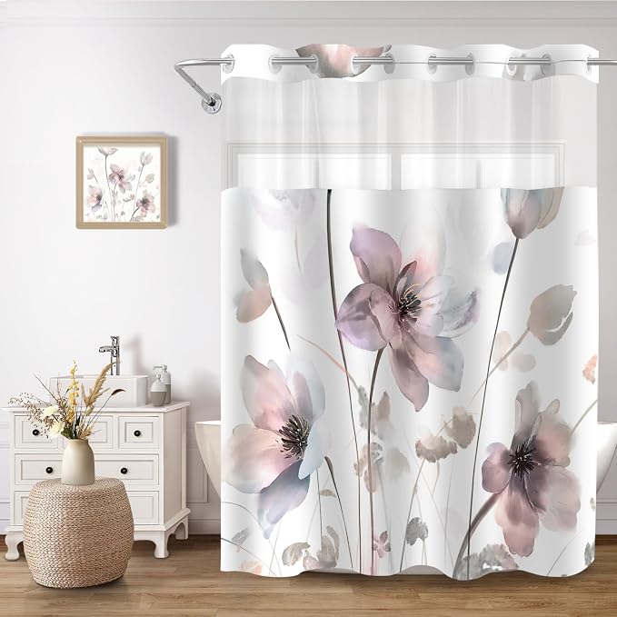 No Hook Shower Curtain and Liner Set, Pink Boho Floral 71x77 | Watercolor Boho Flower, with Snap in Liner, Mesh Top Window, Waterproof, Machine Washable, Quick-Drying, for Hotel Bathroom