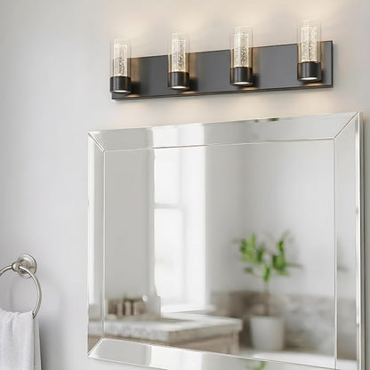 Alice Modern 4-Light Vanity Light Fixture, Integrated Led and Premium Bubble Glass, for Bathroom, Hallway, Entryway, Kitchen, Mirror, Laundry Room (Black)