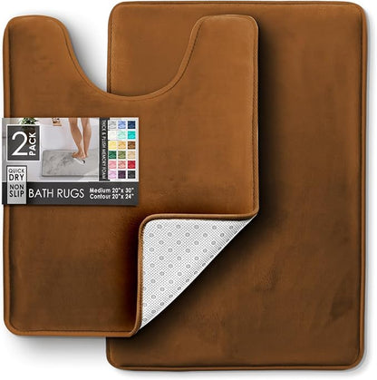 Clara Clark 2 Piece Bathroom Rugs, Velvet Memory Foam Bath Mat Set, Non-Slip Bath Rugs, Machine Wash, Dries Quickly, Ultra Soft Plush Bath Mats for Bathroom, 20 x 32 + Contour, Brown