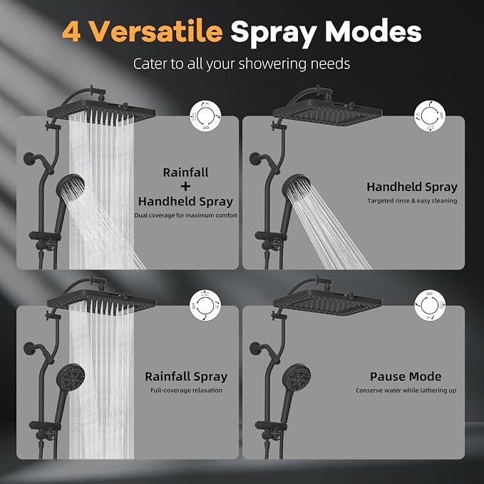 Hibbent 13'' Rain Showerhead Combo, 10 Mode Filtered Handheld Spray, Black | High Pressure 5-Spray Showerhead, 4-way Diverter, Upgraded Heightened All Metal Extension Arm, 71'' Hose & Holder, Easy Reach
