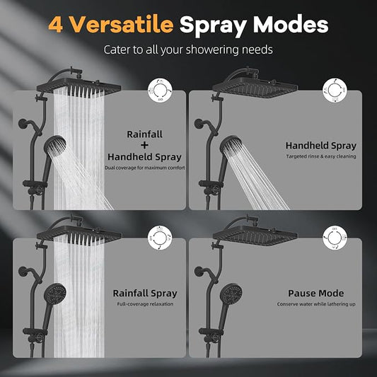 Hibbent 13'' Rain Showerhead Combo, 10 Mode Filtered Handheld Spray, Black | High Pressure 5-Spray Showerhead, 4-way Diverter, Upgraded Heightened All Metal Extension Arm, 71'' Hose & Holder, Easy Reach