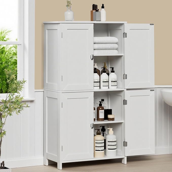 Bathroom Cabinet with Adjustable Shelf Freestanding Storage Cabinet with 2 Doors Wooden Organizer Floor for Bathroom Kitchen and Living Room (White, 4 Doors)