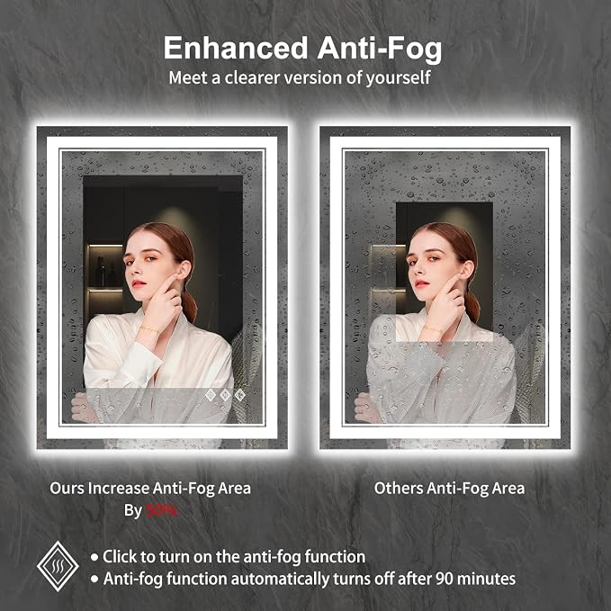 LED Bathroom Mirror, 24x32 Inch Vanity Mirror with Lights | Gradient Front and Backlit Bathroom Mirror with Lights, 3 Colors Dimmable CRI>90, IP54 Enhanced Anti-Fog, Hanging Plates