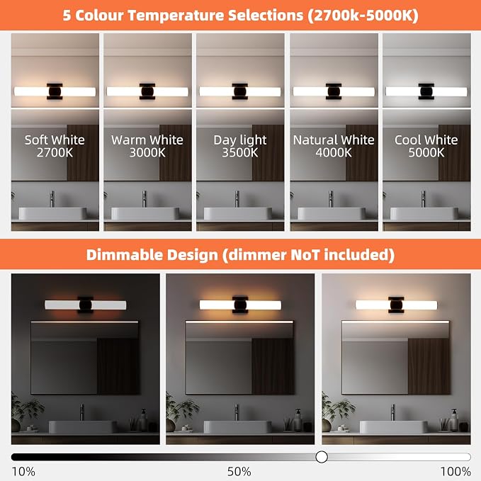 22" Black Bathroom Vanity Lights, Wall Sconce with Acrylic Shade | Modern Wall Light for Bathroom Bedroom Living Room Hallway