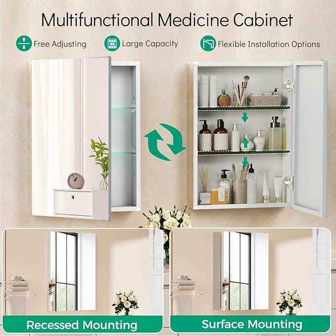 20 x 26 Medicine Cabinet Mirror, Mount or Recessed Bathroom Mirror with Storage, Aluminum Framed Medicine Cabinet with Adjustable Shelves for Bathroom Vanity Modern Farmhouse