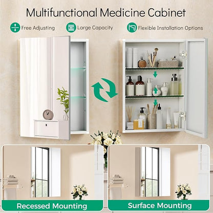 20 x 26 Medicine Cabinet Mirror, Mount or Recessed Bathroom Mirror with Storage, Aluminum Framed Medicine Cabinet with Adjustable Shelves for Bathroom Vanity Modern Farmhouse