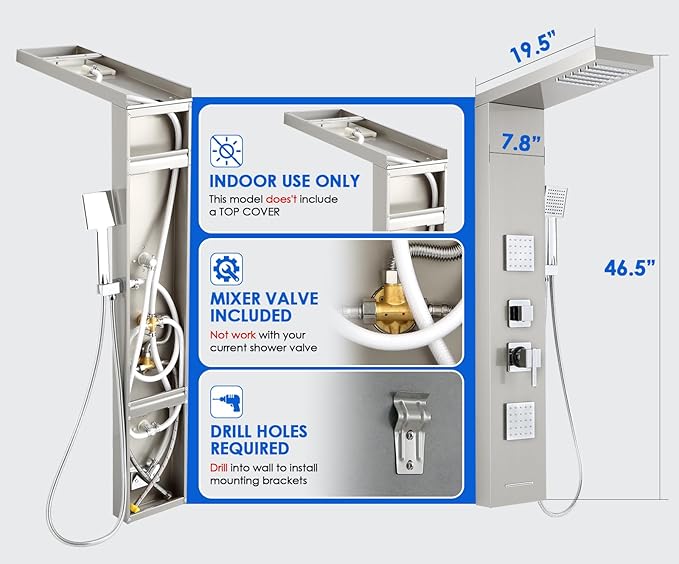 ROVOGO Shower Panel Tower System with High Pressure Shower Head, Body Jets, Handheld and Tub Spout, 46.5" Shower Column Stainless Steel with Mixer Valve, Brushed