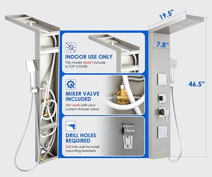ROVOGO Shower Panel Tower System with High Pressure Shower Head, Body Jets, Handheld and Tub Spout, 46.5" Shower Column Stainless Steel with Mixer Valve, Brushed