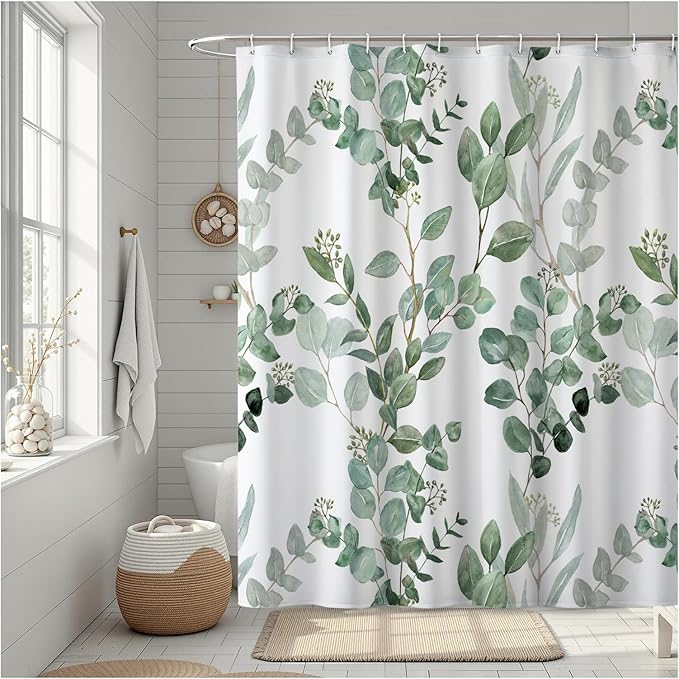 Green Eucalyptus Shower Curtain, Watercolor Floral Pattern with Plant Leaves, Waterproof Polyester Fabric ShowerCurtains Sets with Hooks for Bathroom 72x72 Inches