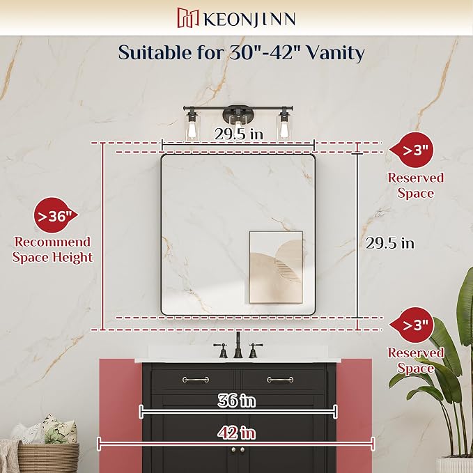 Keonjinn 30 x 30 Inch Black Bathroom Mirrors for Over Sink, Tempered Glass | Sandblasted Finish, Matte Black Vanity Mirror, Anti-Rust, Seamless Aluminum Frame, Rounded Rectangle, French Cleat Mount
