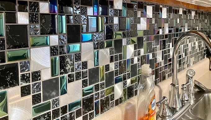 Wall Backsplash Tile Black Glass Silver Metal Iridescent Vibrant Colors for Home Project Kitchen Bathroom Shower Accents Walls Decoration TSTMGB026 (5 Square Feet)