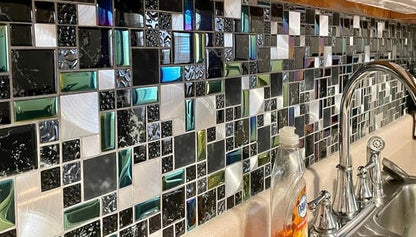Wall Backsplash Tile Black Glass Silver Metal Iridescent Vibrant Colors for Home Project Kitchen Bathroom Shower Accents Walls Decoration TSTMGB026 (5 Square Feet)