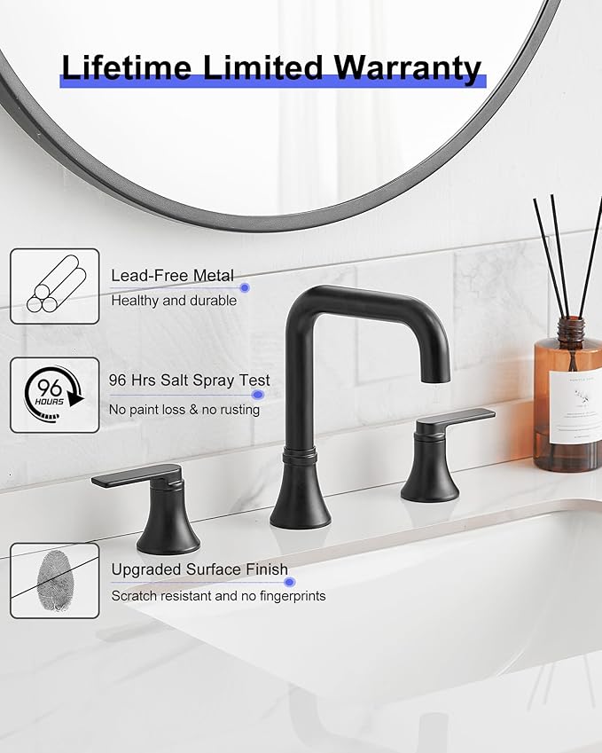 Black Bathroom Faucet Widespread 360 Degree Swivel Bathroom Faucets for Sink 3 Hole 4-10 Inch, 2 Handles Bathroom Sink Faucet with Pop-Up Drain & Water Supply Hose for Hotels, Rental Houses, RV