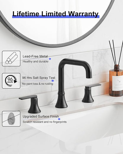 Black Bathroom Faucet Widespread 360 Degree Swivel Bathroom Faucets for Sink 3 Hole 4-10 Inch, 2 Handles Bathroom Sink Faucet with Pop-Up Drain & Water Supply Hose for Hotels, Rental Houses, RV