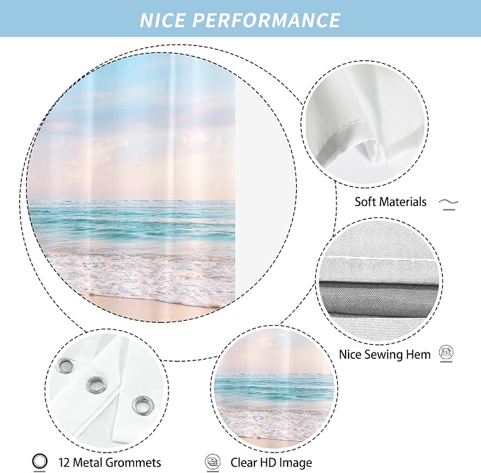 Extra Long Ocean Beach Coastal Seaside Shower Curtain for Bathroom 72W*84H Inch Nautical Summer Seacoast Beachy Waves Seascape Nature Bathtub Decor Waterproof Polyester Fabric Set