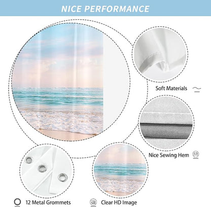 Extra Long Ocean Beach Coastal Seaside Shower Curtain for Bathroom 72W*84H Inch Nautical Summer Seacoast Beachy Waves Seascape Nature Bathtub Decor Waterproof Polyester Fabric Set
