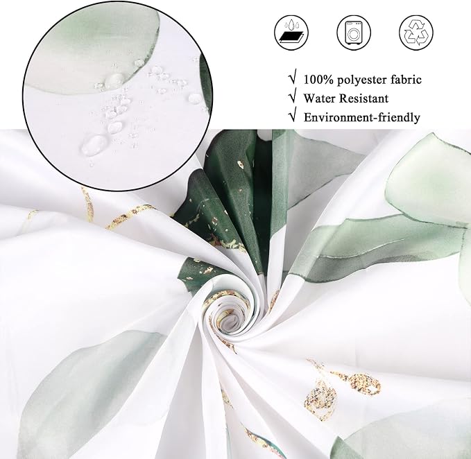 Green and Gold Leaf Shower Curtain, Sage Eucalyptus Leaves with Gold Branches Botanical Plants Fabric Bathroom Curtain Home Decor Waterproof Washable 12 Hooks, 72'' Lx60 W (GCI-8085)