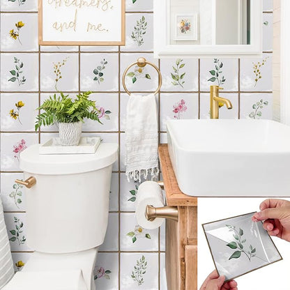 Alwayspon Vinyl Sticker Peel and Stick, Self-Adhesive Wall Tile Transfers Backsplash Sticker Decal for Kitchen Bathroom, 6x6inch/15x15cm 30Pcs, Leaves T031