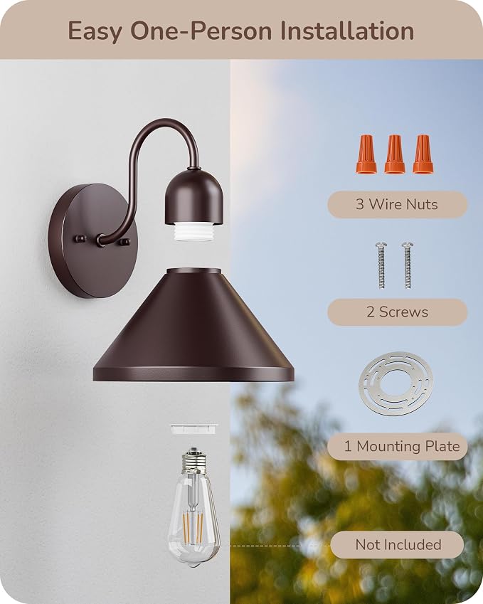 EDISHINE 2 Pack 8" Gooseneck Barn Outdoor Wall Light, Farmhouse Porch Light | Hardwired, E26 Socket, Brown Wall Mount Lantern for Porch, Entryway, Garage, Garden, Patio