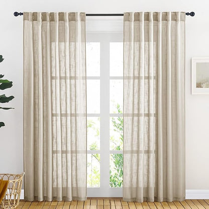 NICETOWN Sheer Curtains 84 inches Long, Linen Textured Rod Pocket & Back Tab Privacy Sheer Drapes with Light Through for Sliding Glass Door & Living Room Taupe, 52" Wide Per Panel, 1 Pair