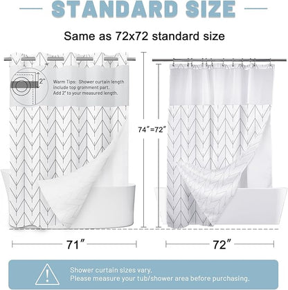 No Hook Geometric Striped Shower Curtain with Snap in Liner Set - Hotel Shower Curtain and Liner Set with See Through Mesh Top Window,Machine Washable, 71x74 INCH - Grey & White Herringbone