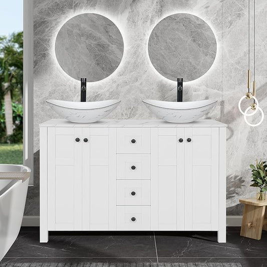 48" White Bathroom Vanity with Marble Texture Top and 4 Drawers, Modern Standing Pedestal Cabinet with Two Boat Ceramic Vessel Sinks
